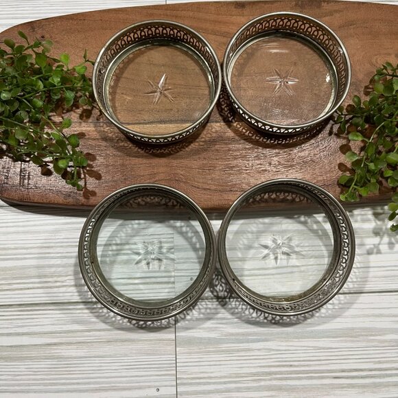 Vintage Manning Bowman & Co. Set of 4 Silver Plated Reticulated Crystal Coasters - Picture 4 of 6